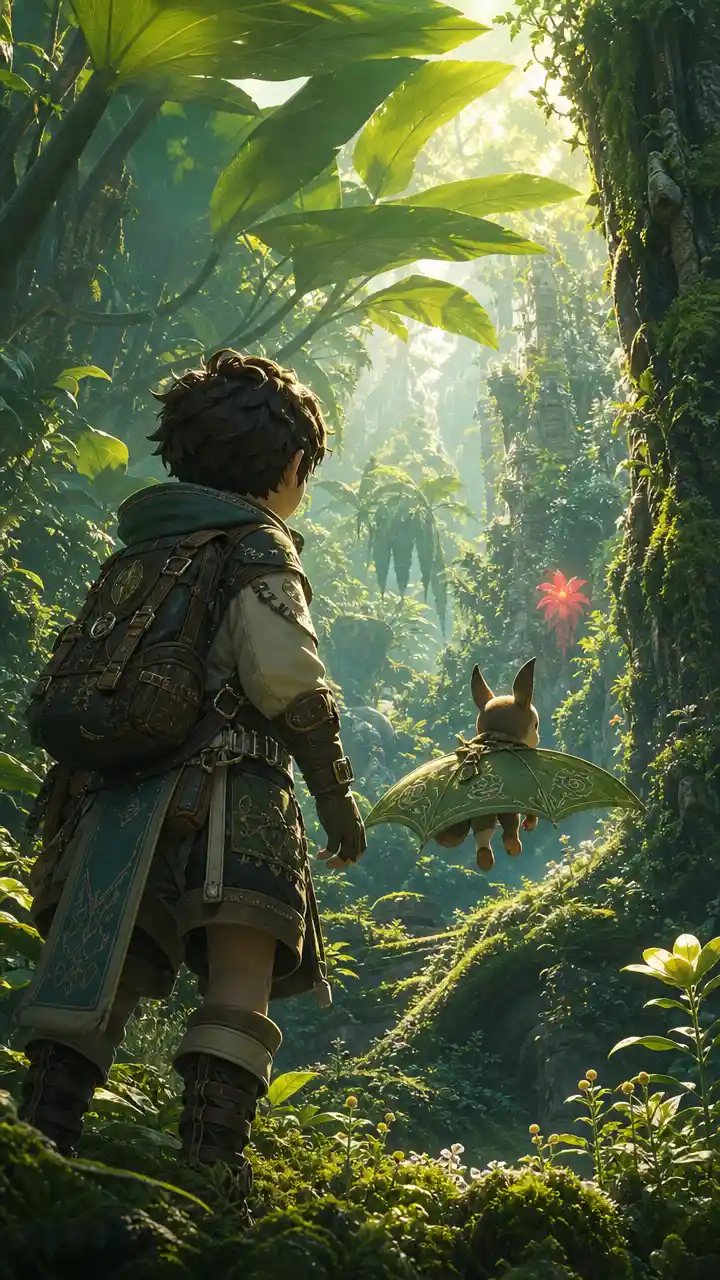Young adventurer and companion in a serene fantasy forest