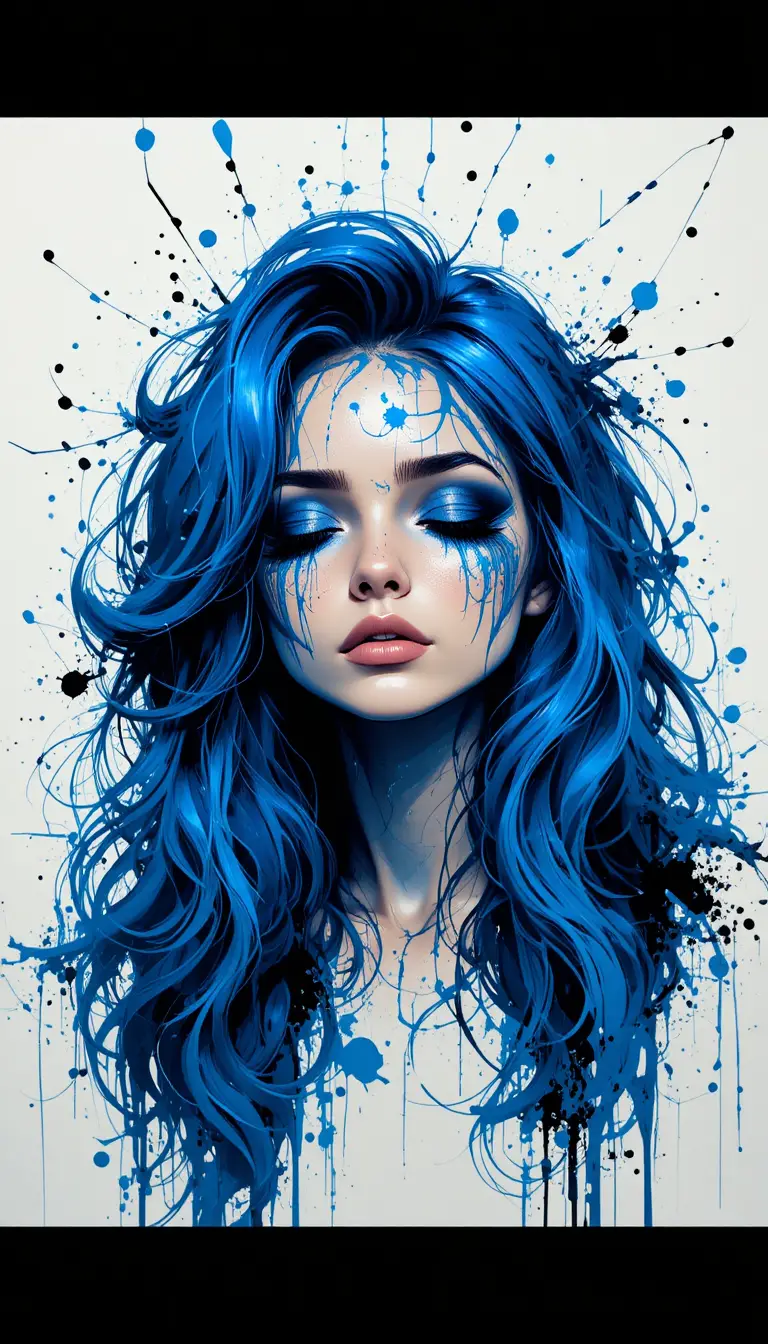 Entspannte Blauhaarige mit abstrakt gespritzter Farbe