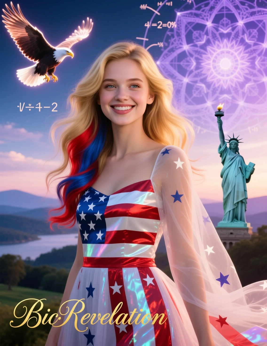 Cinematic portrait of a patriotic girl in flowing dress