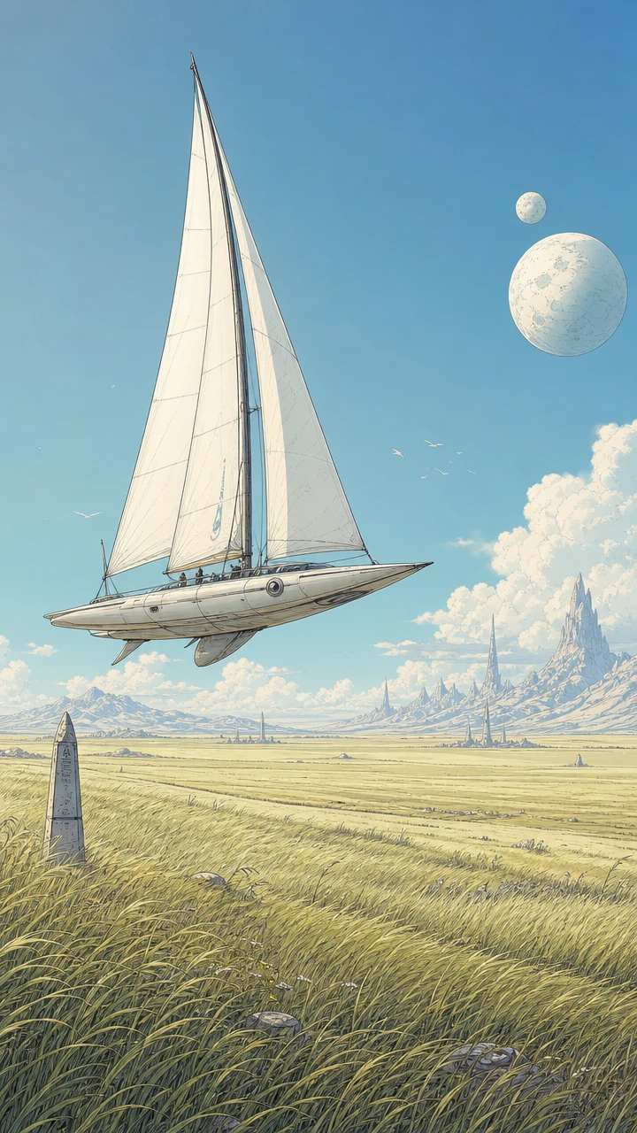 Futuristic Sailing Ship Floating Above Alien Grass Sea