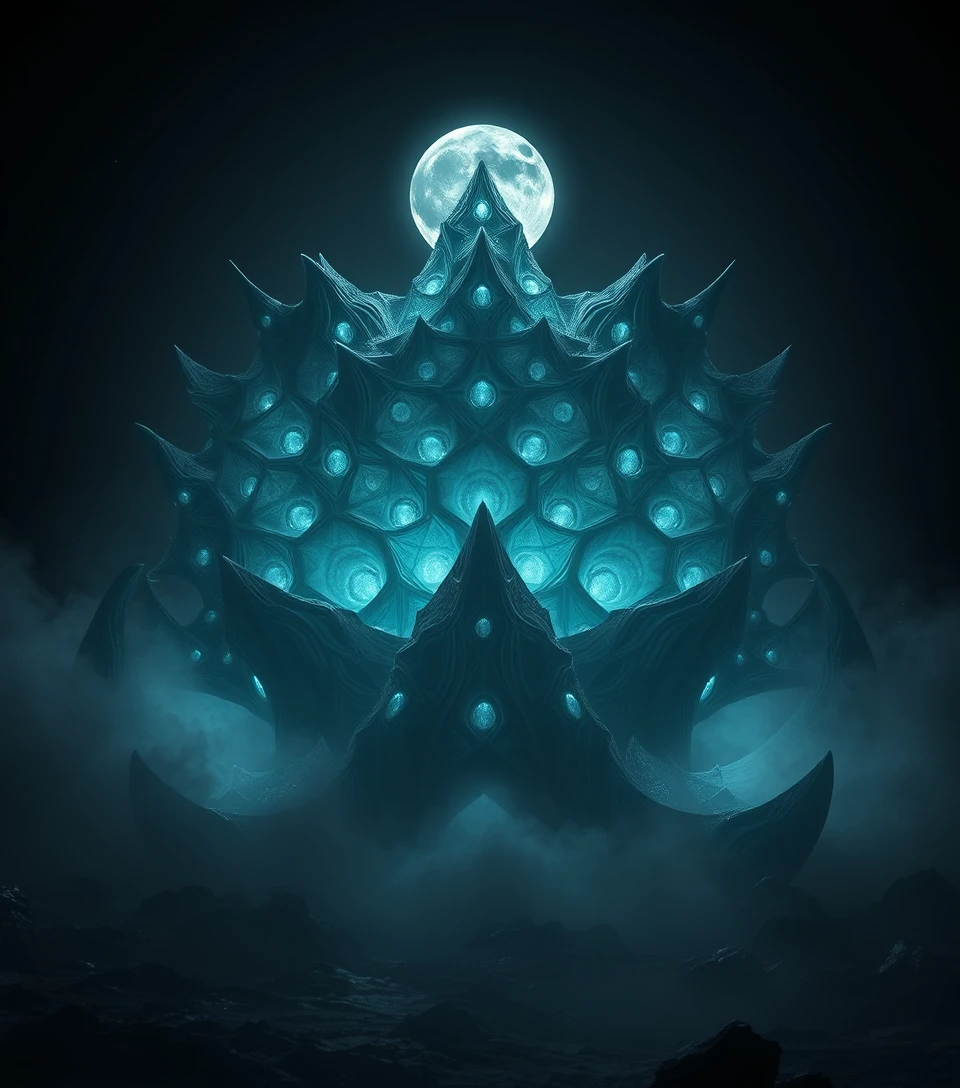 Monstro cósmico ancestral surgindo de um oceano escuro e reflexivo