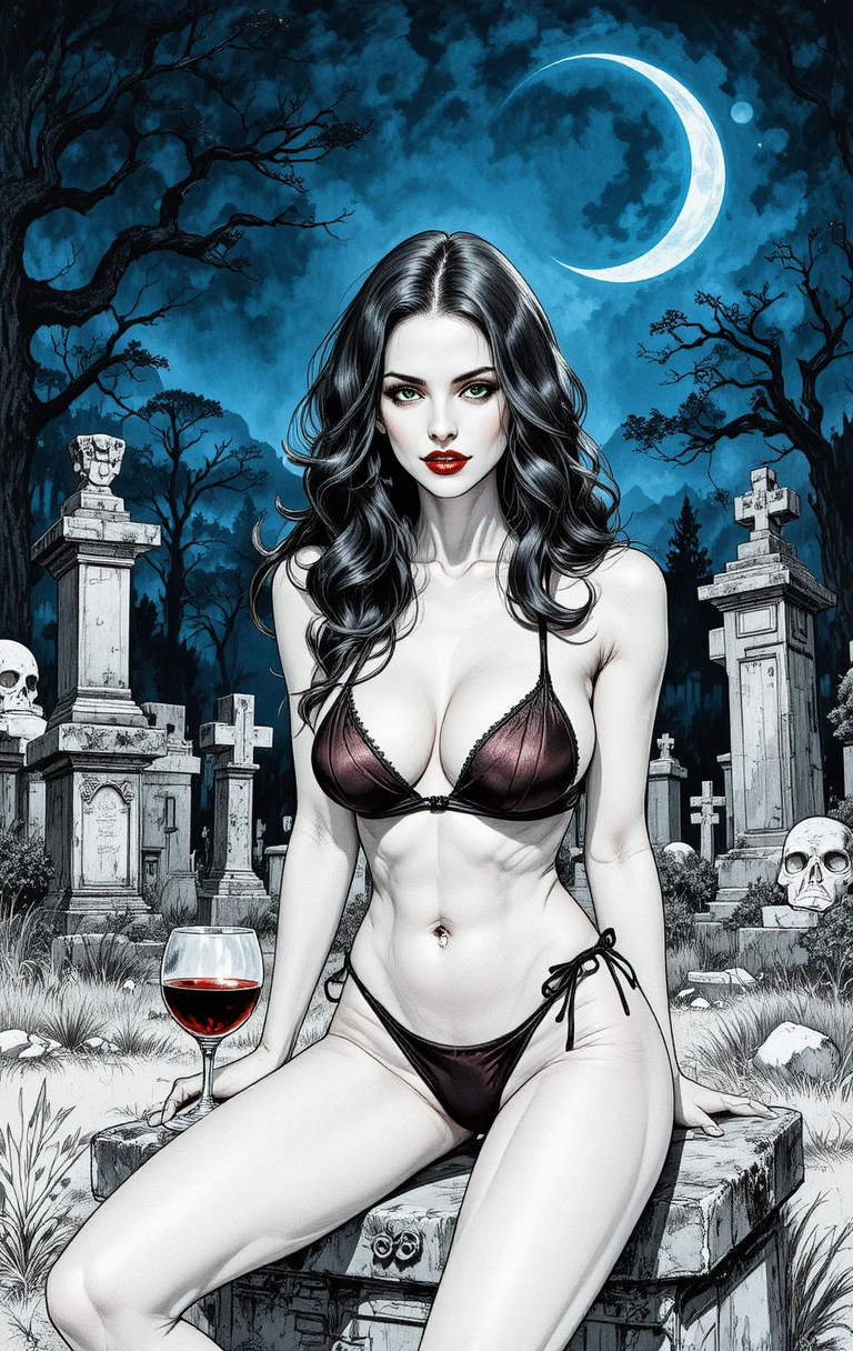 Vampira gótica em estilo de quadrinhos sobre lápide à noite