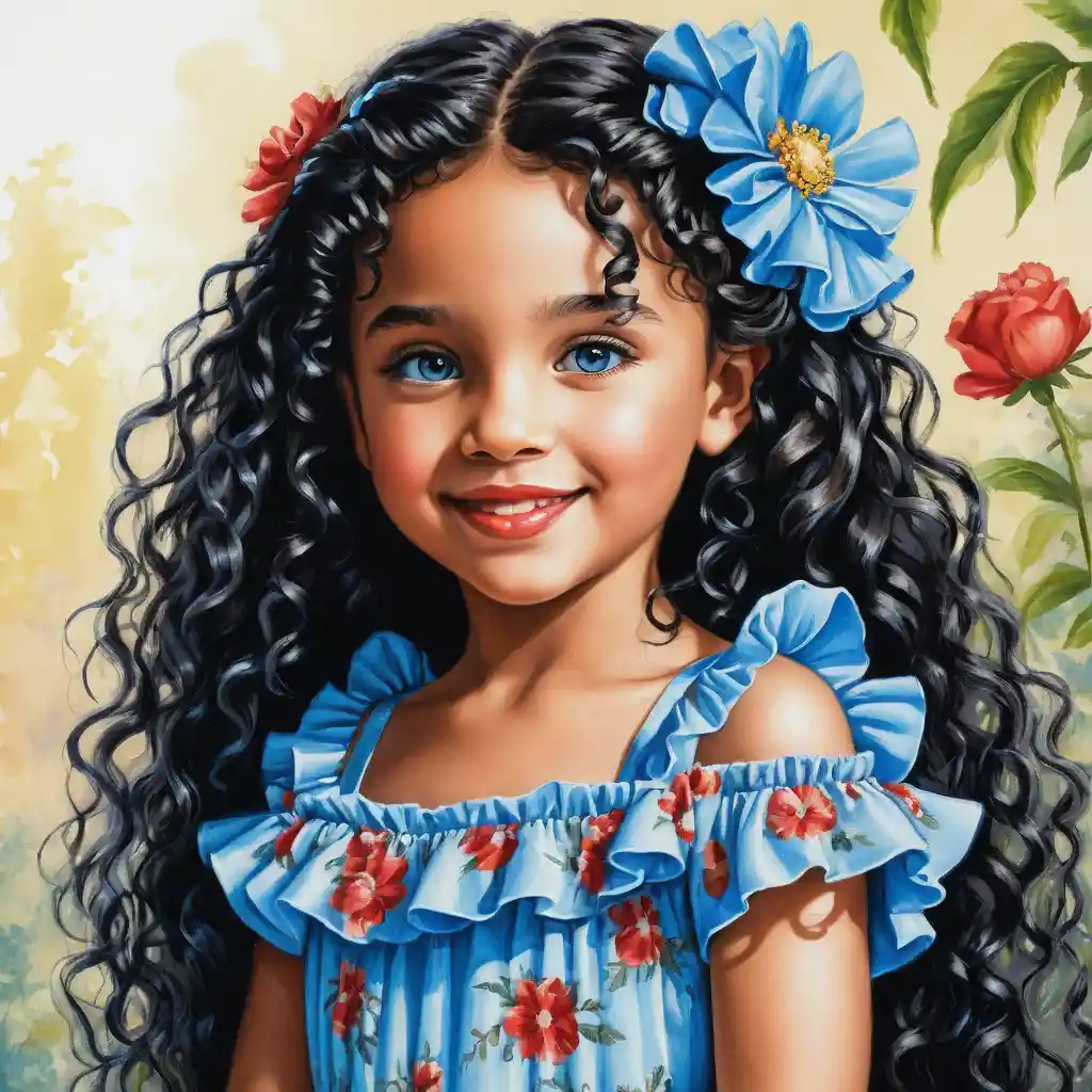 Retrato de menina sorridente de cabelo cacheado em vestido de verão azul