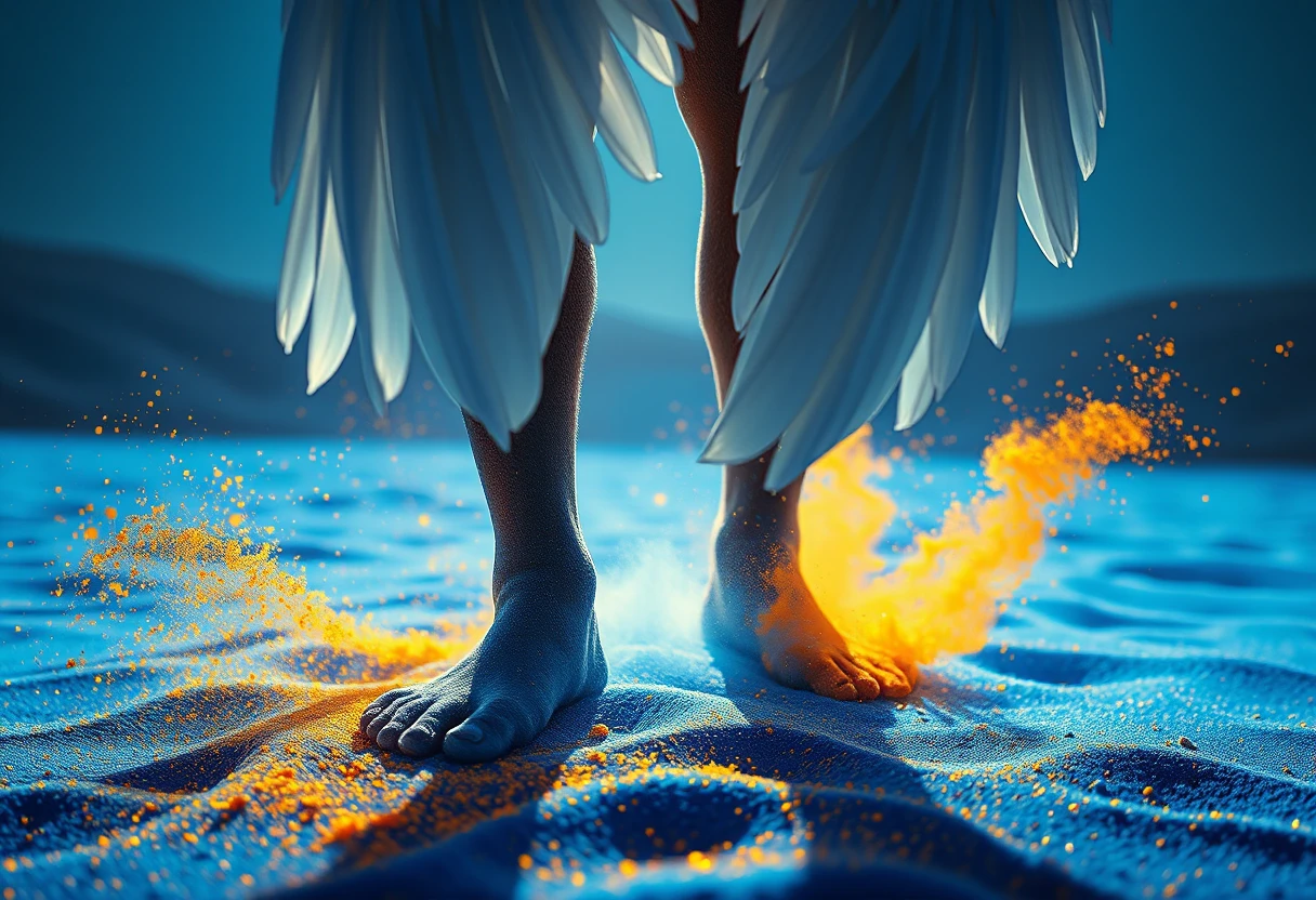 Pés de anjo sobre poeira azul brilhante em um deserto dobrado