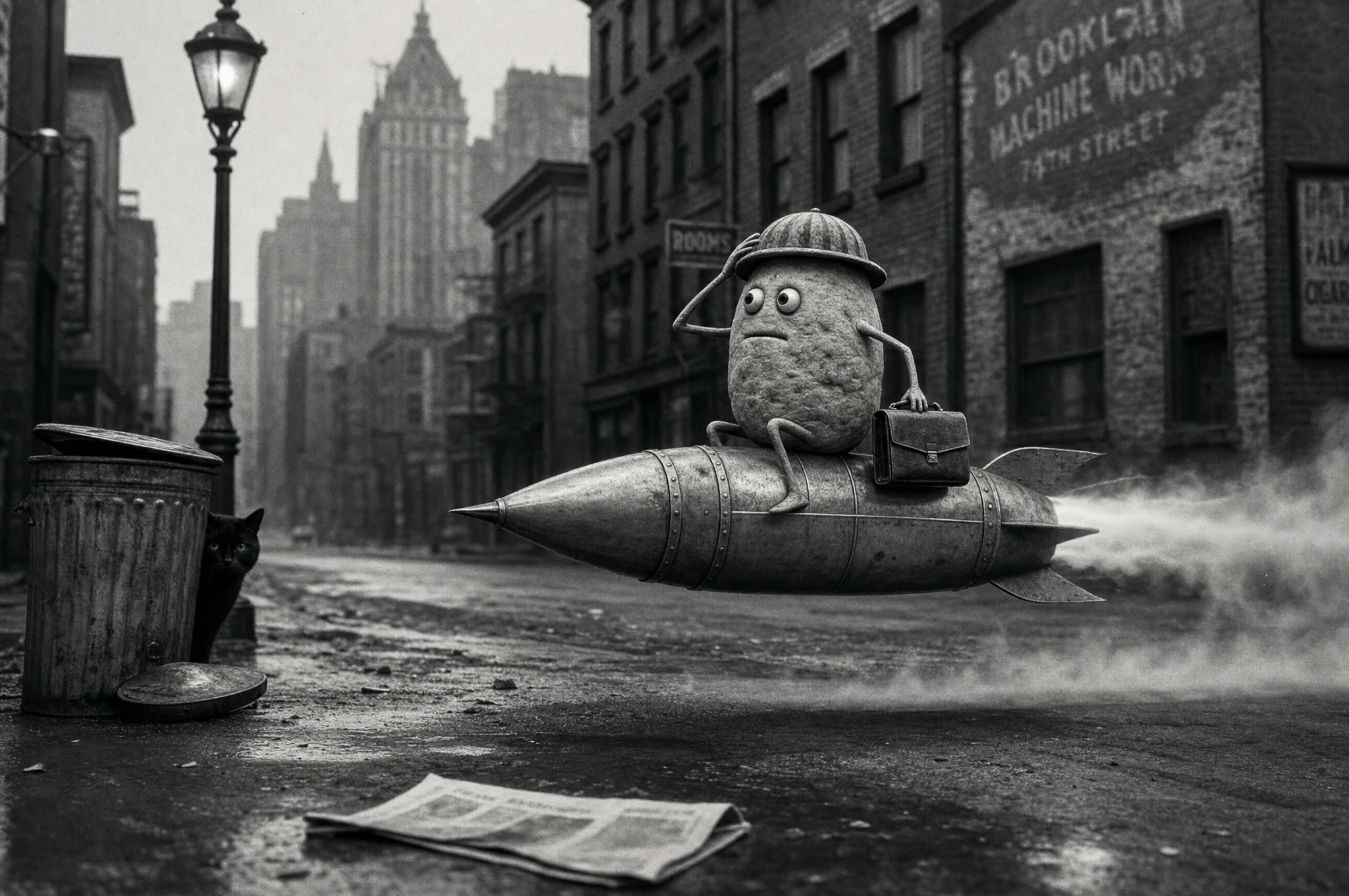 Homme-patate chevauchant une fusée vintage à travers une ville noir