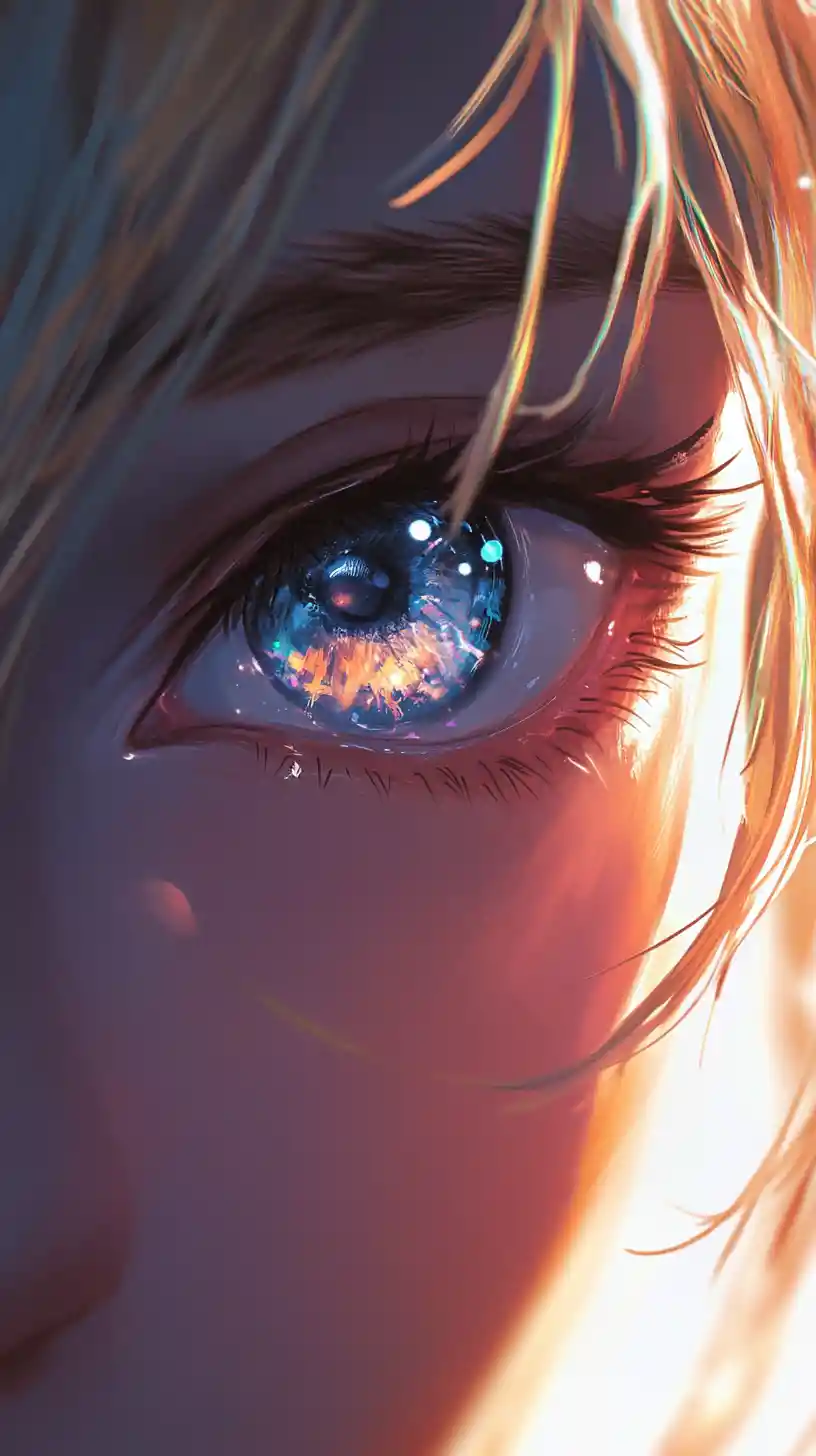 Extreme close up of an anime girl with galaxy eye