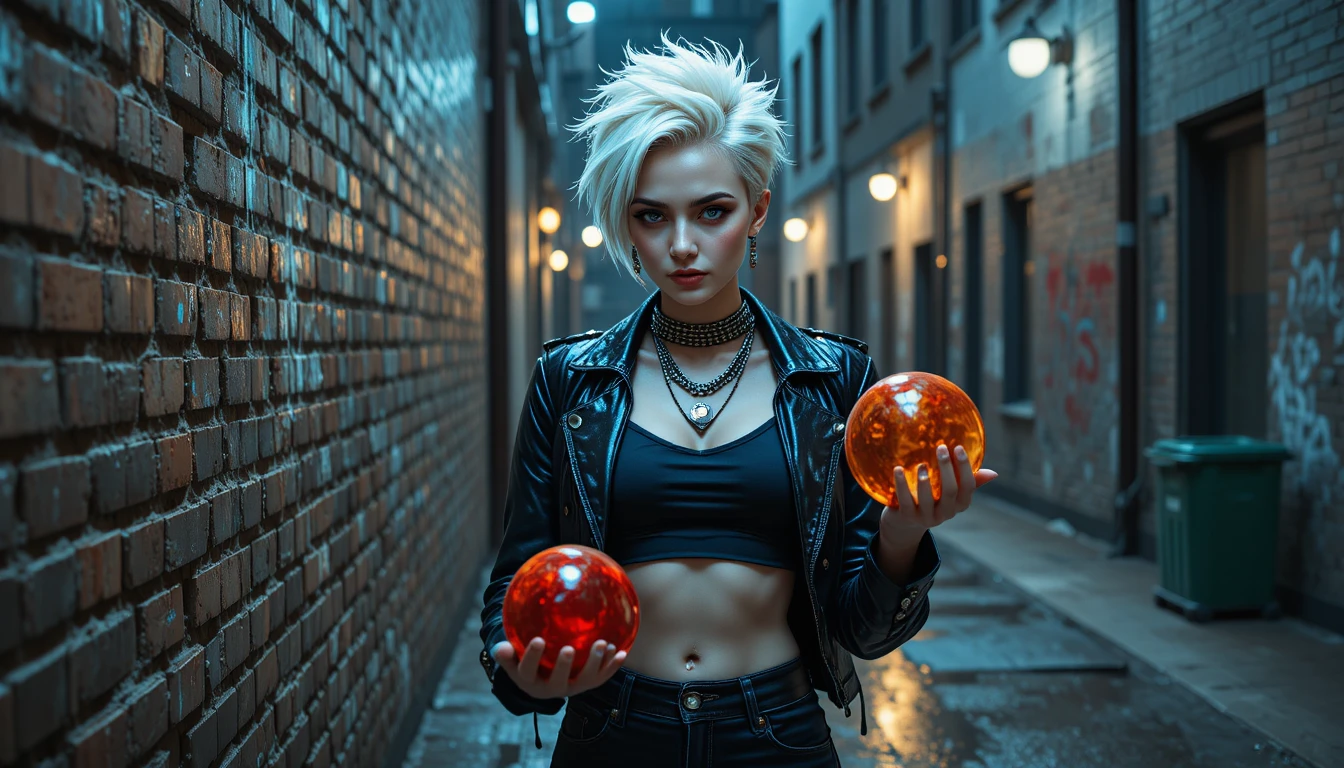 Mulher punk de cabelo branco em um beco urbano sombrio