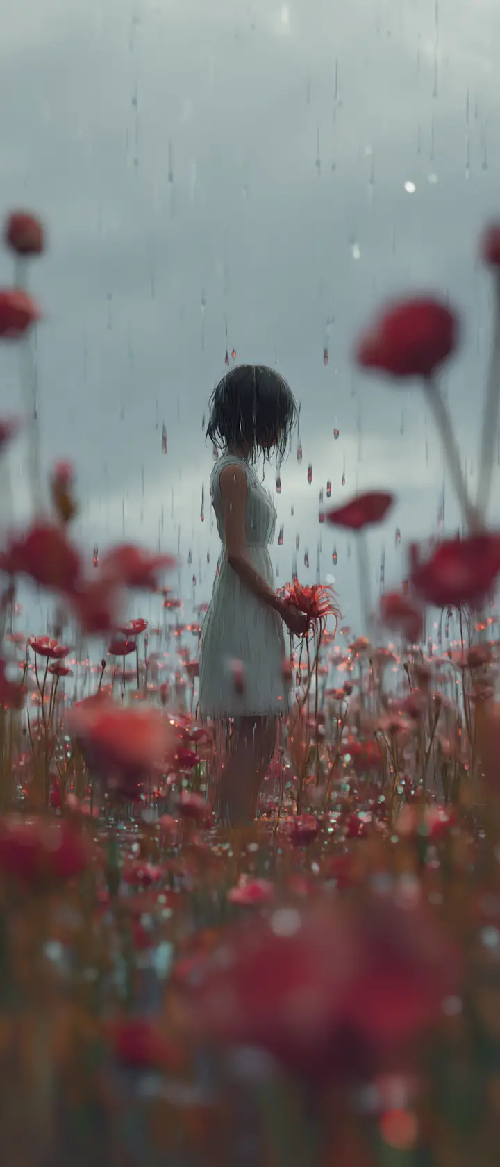 雨中花田裡捧著褪色花瓣的動畫少女