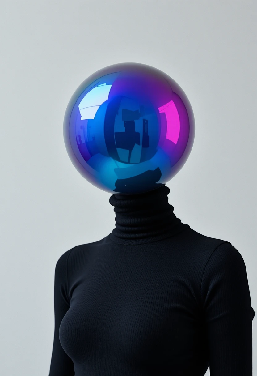 Figura surreal con cuello alto negro y cabeza de esfera iridiscente