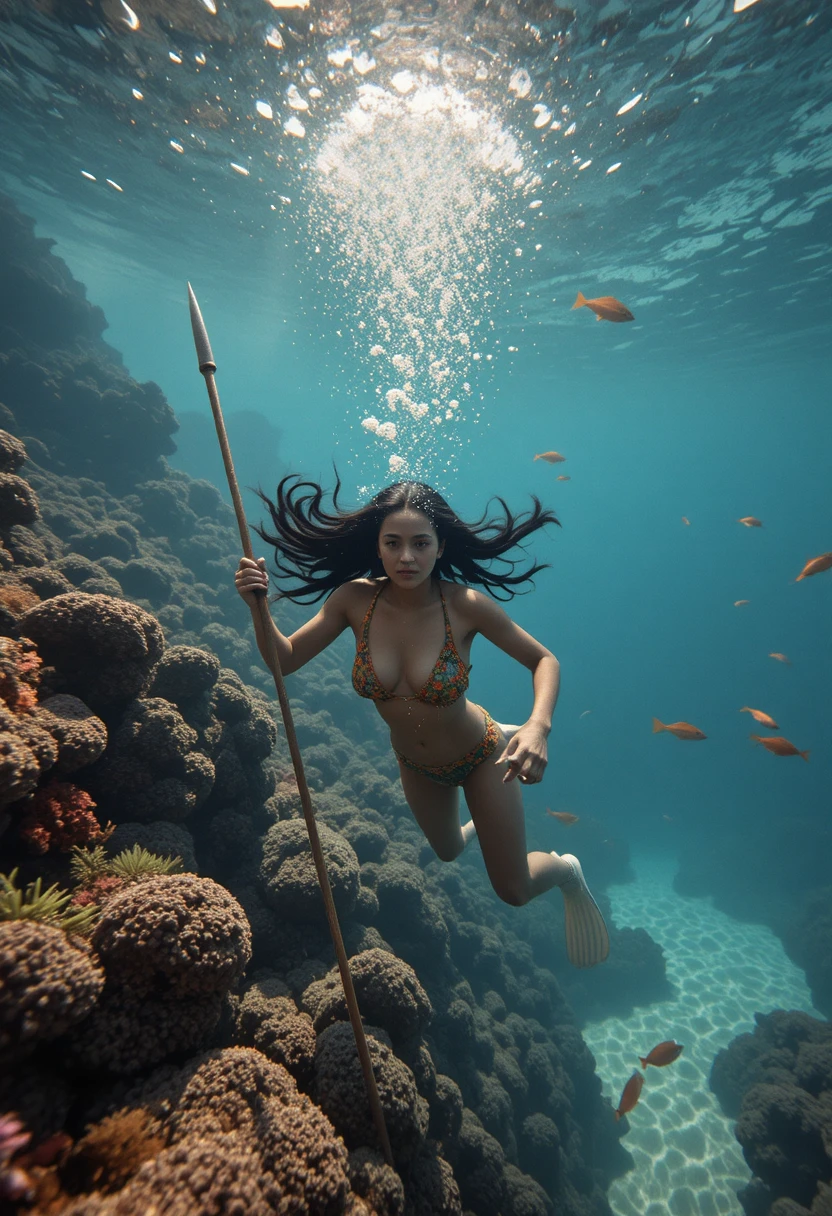 Mulher taitiana fazendo mergulho livre com lança perto de recife de coral