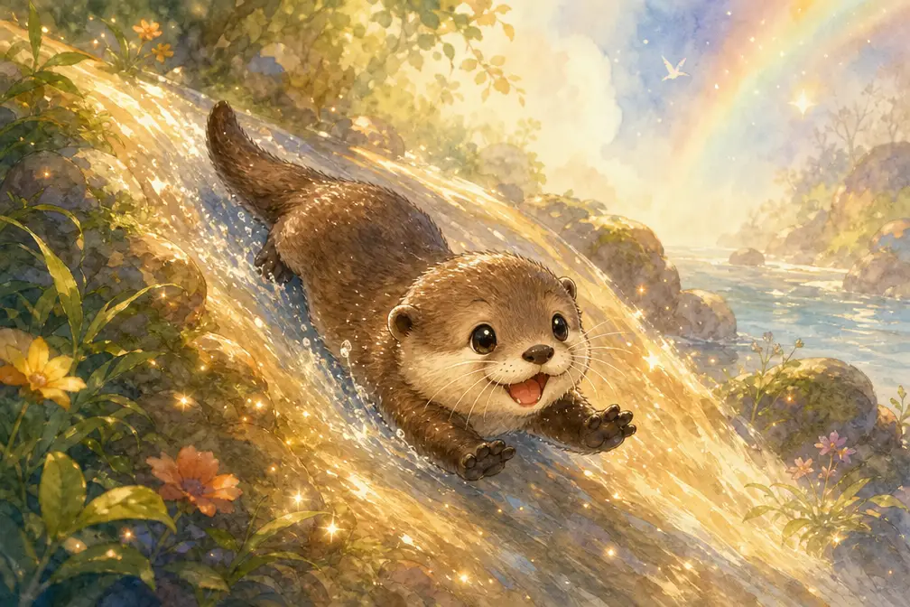 Adorable bébé loutre de rivière glissant le long d’une berge lumineuse