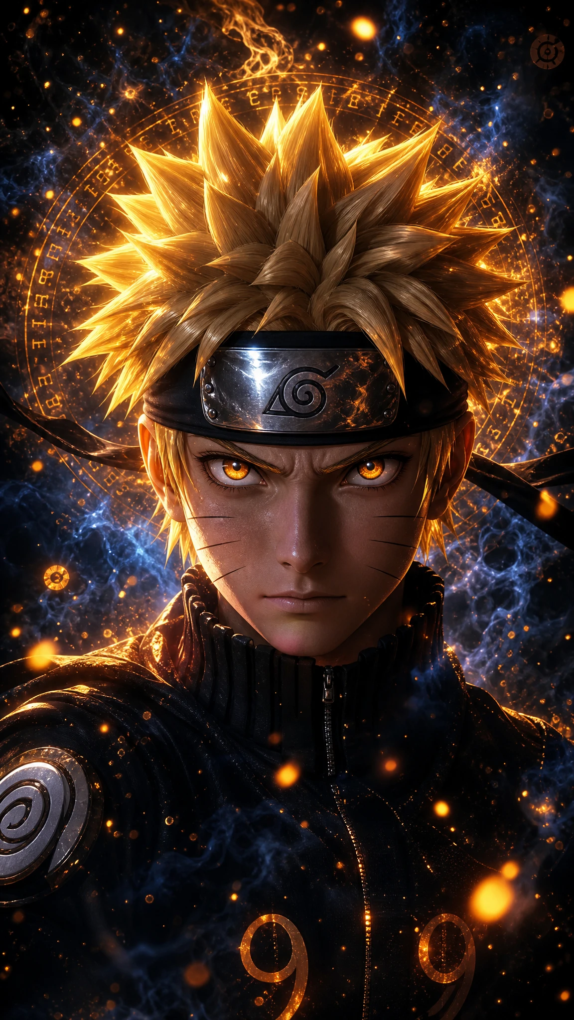 Retrato de ninja anime com olhos brilhantes no vazio cósmico