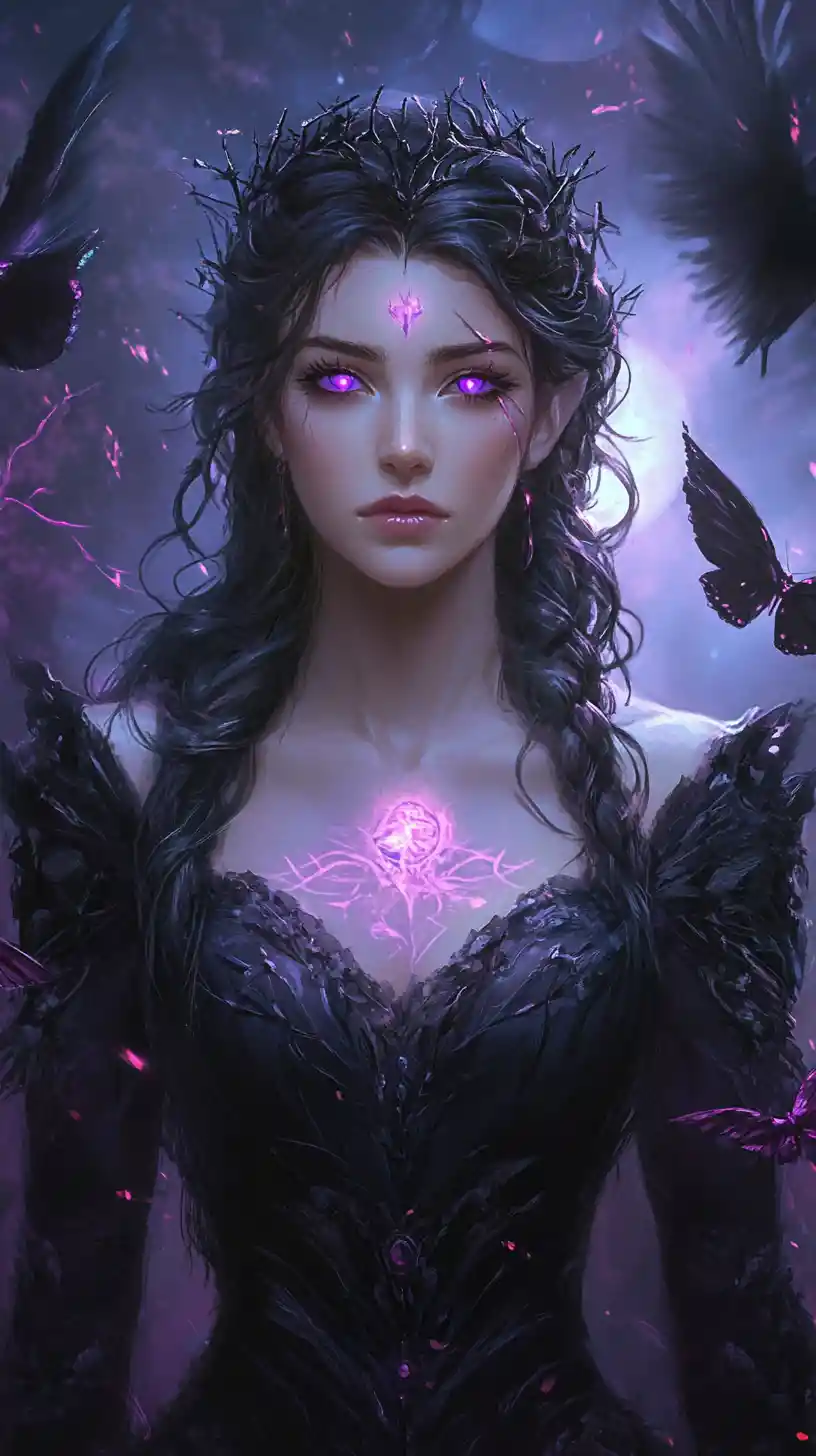 夜に紫の魔力を輝かせるゴシックの女魔術師