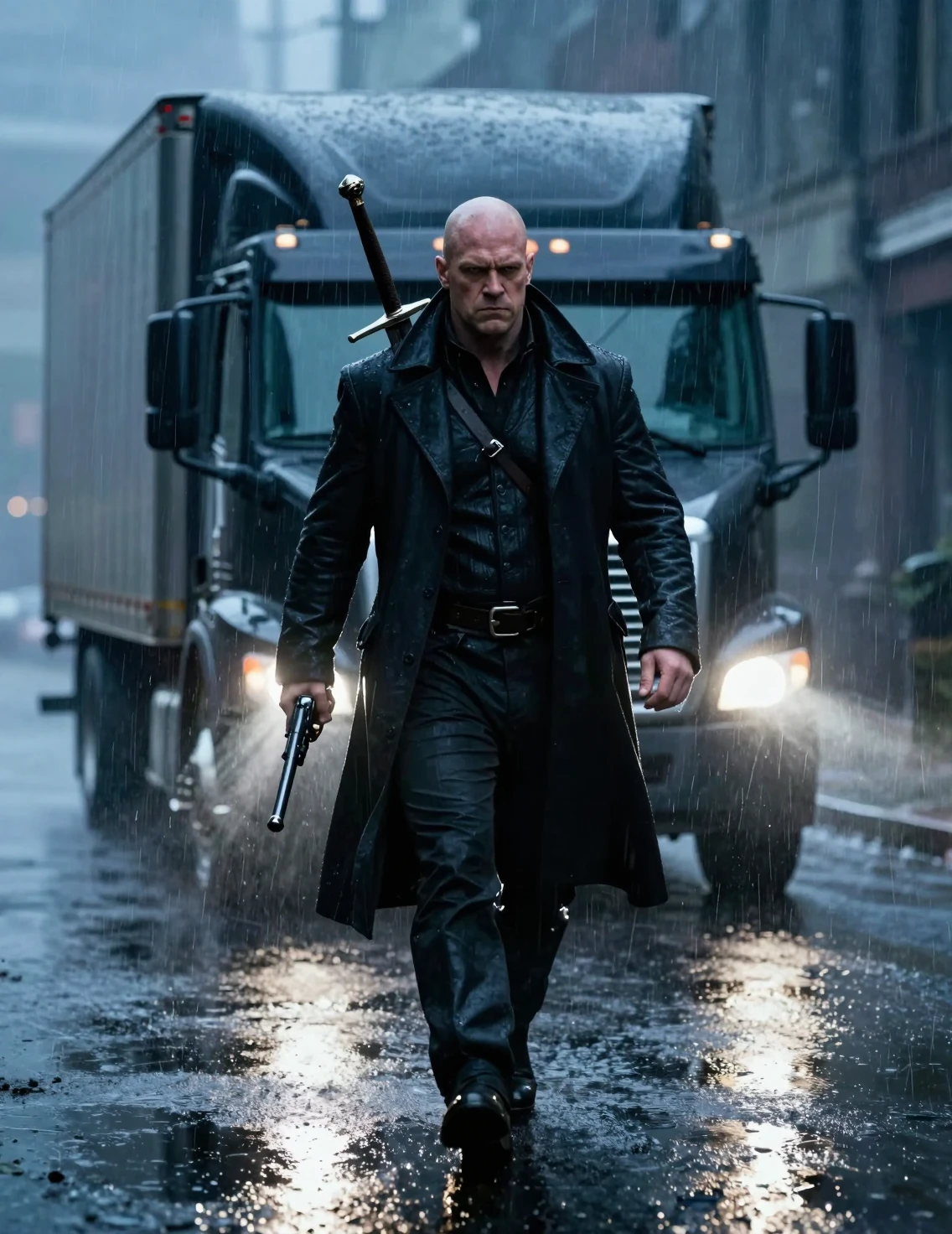 Guerrier armé marchant dans une rue de ville sous la pluie