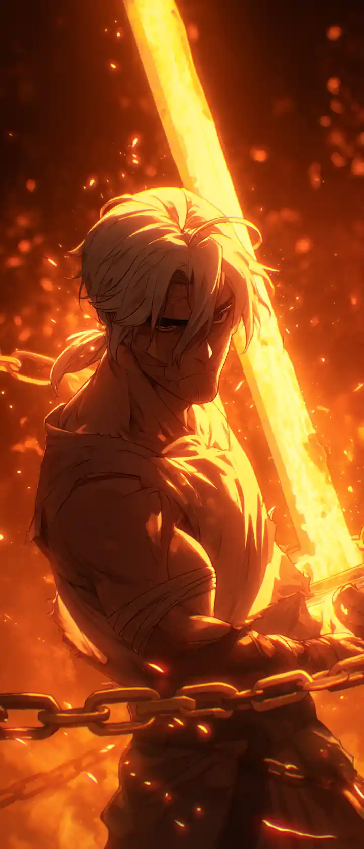 Anime blacksmith forging a glowing sword of light