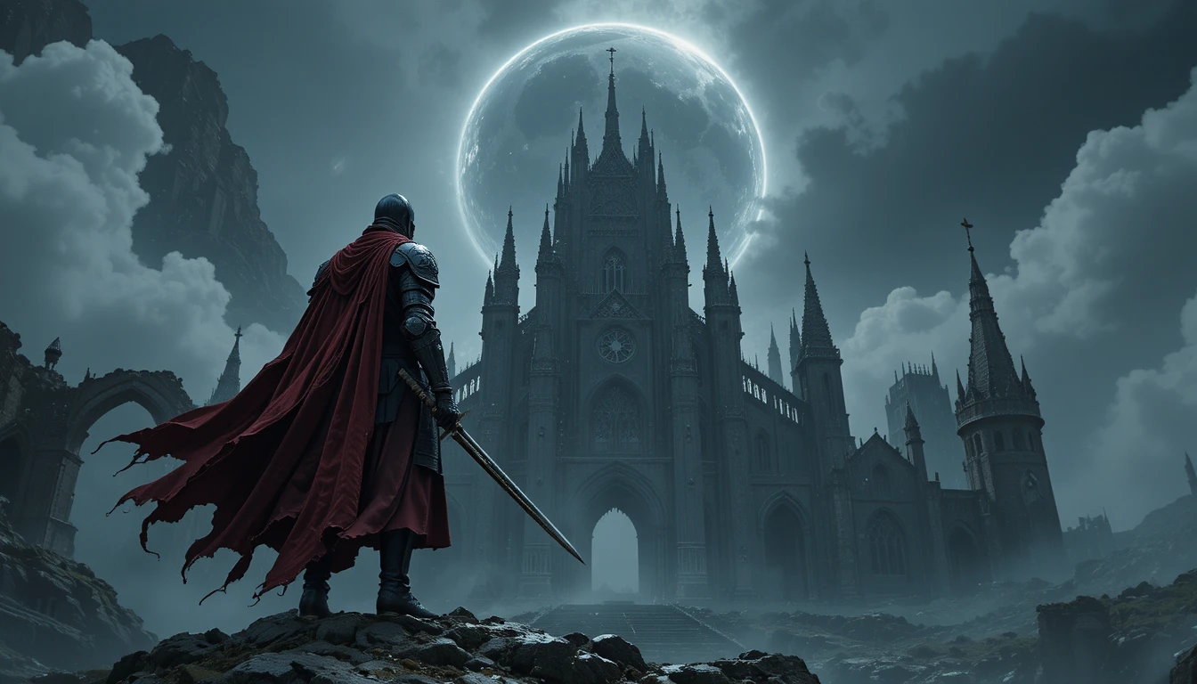 Dunkler Ritter auf zerstörter gotischer Kathedrale unter der Finsternis