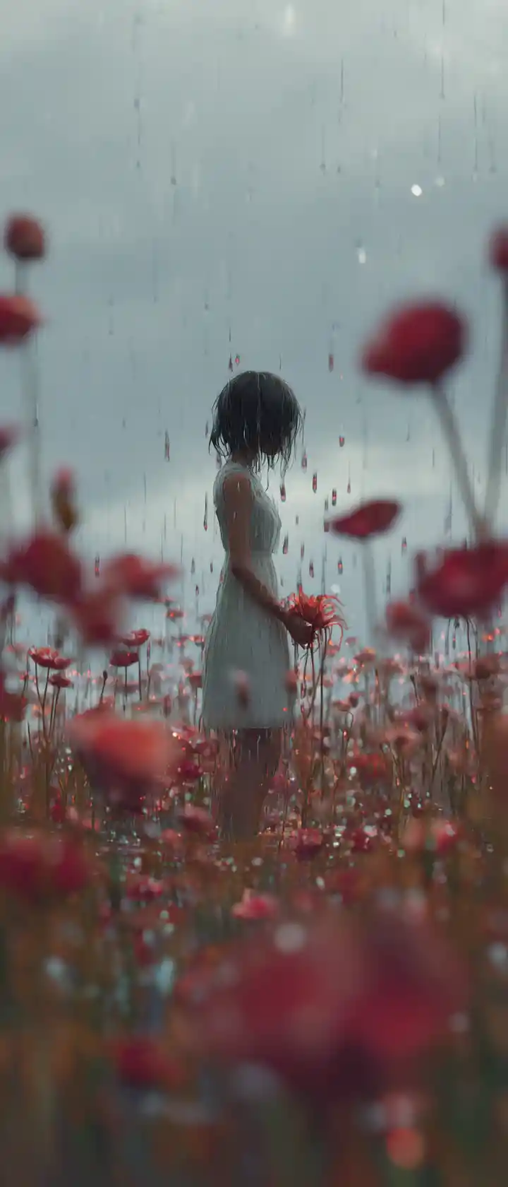 Anime-Mädchen im regenverhangenen Blumenfeld mit verblassenden Blütenblättern
