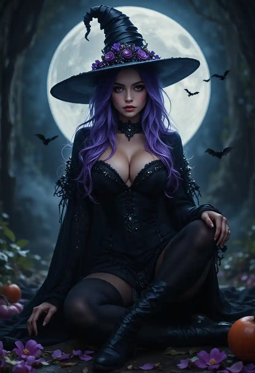 Strega seducente dai capelli viola sotto la luna piena di Halloween