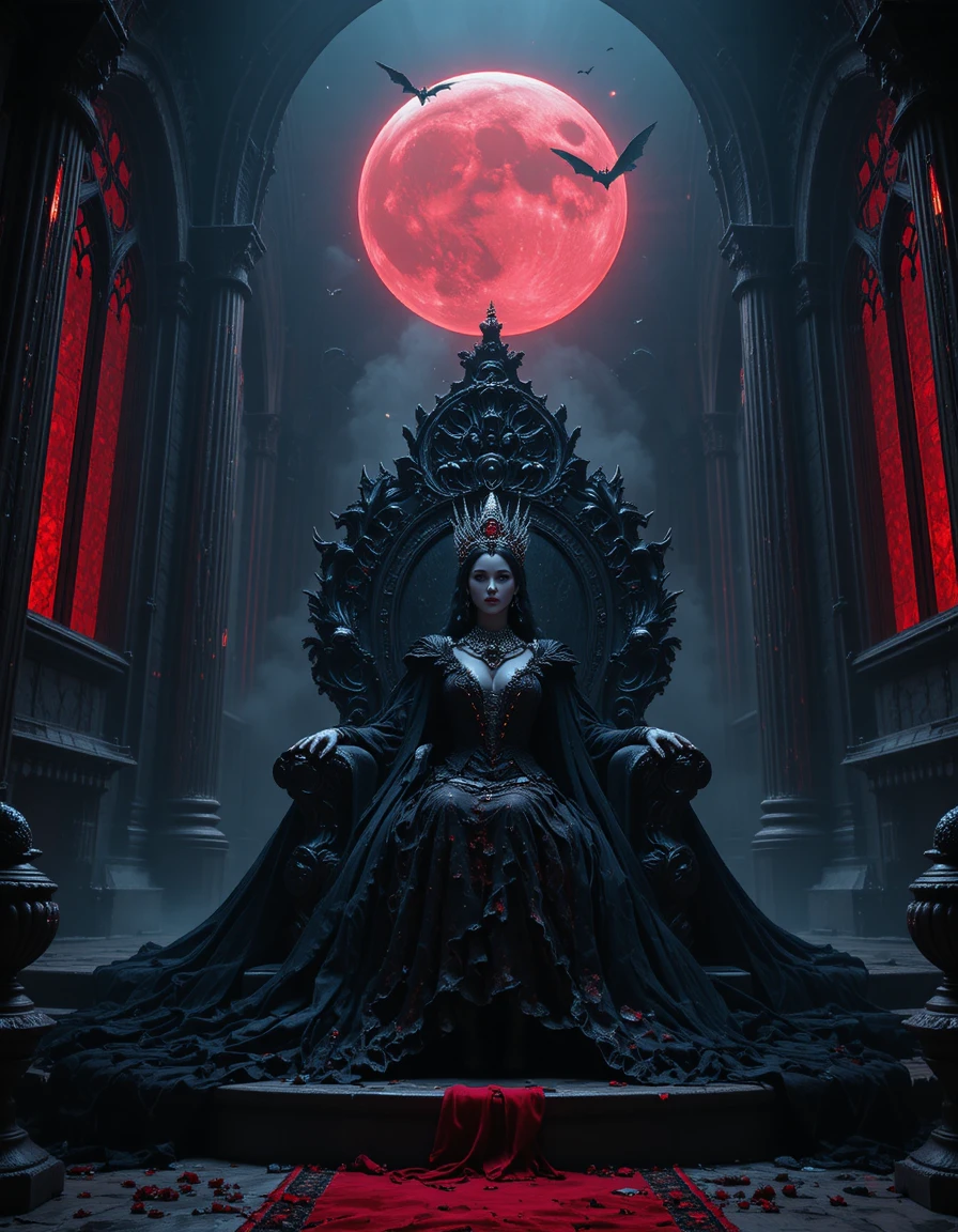 Reine vampire sur un trône de cristal sous la lumière rouge de la lune