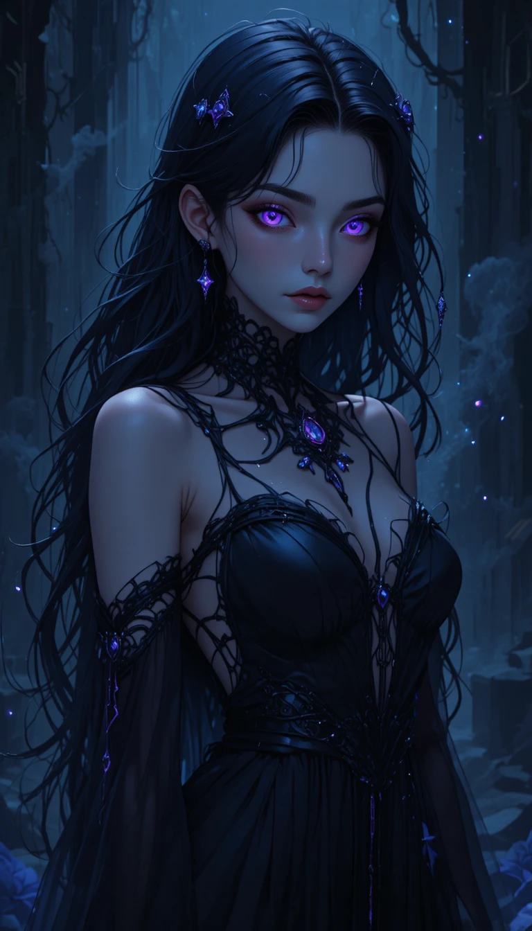 Ethereal anime ghost girl with flowing dark torn dress