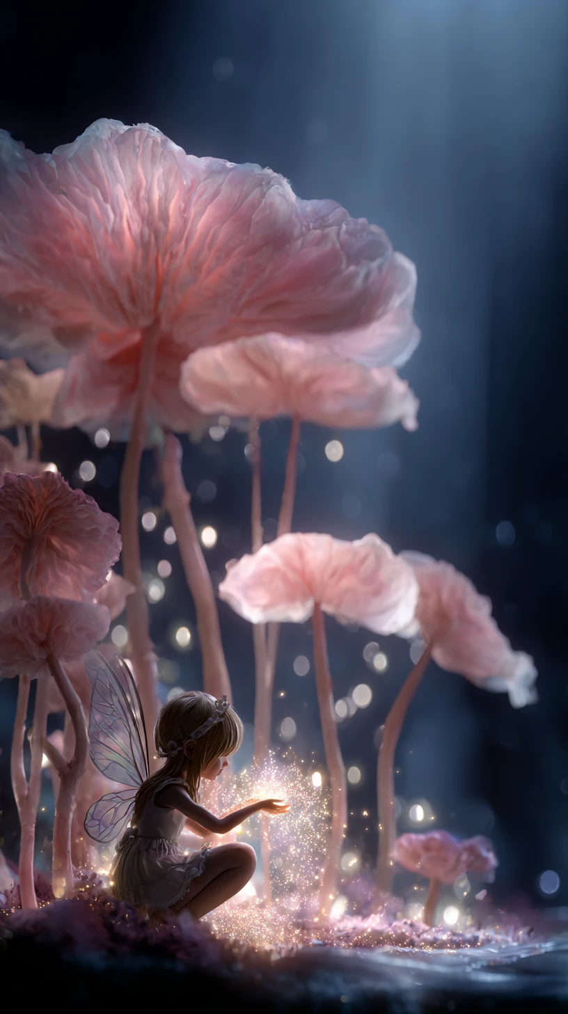 Minuscule fée avec des champignons lumineux et une poussière magique tourbillonnante