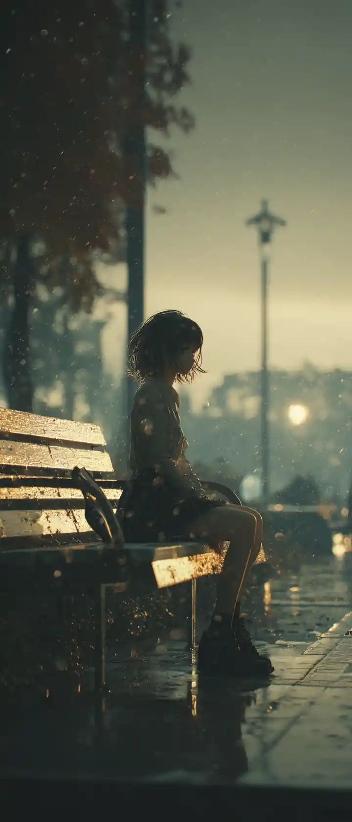 黄昏の雨の公園で薄れていく孤独なアニメ少女