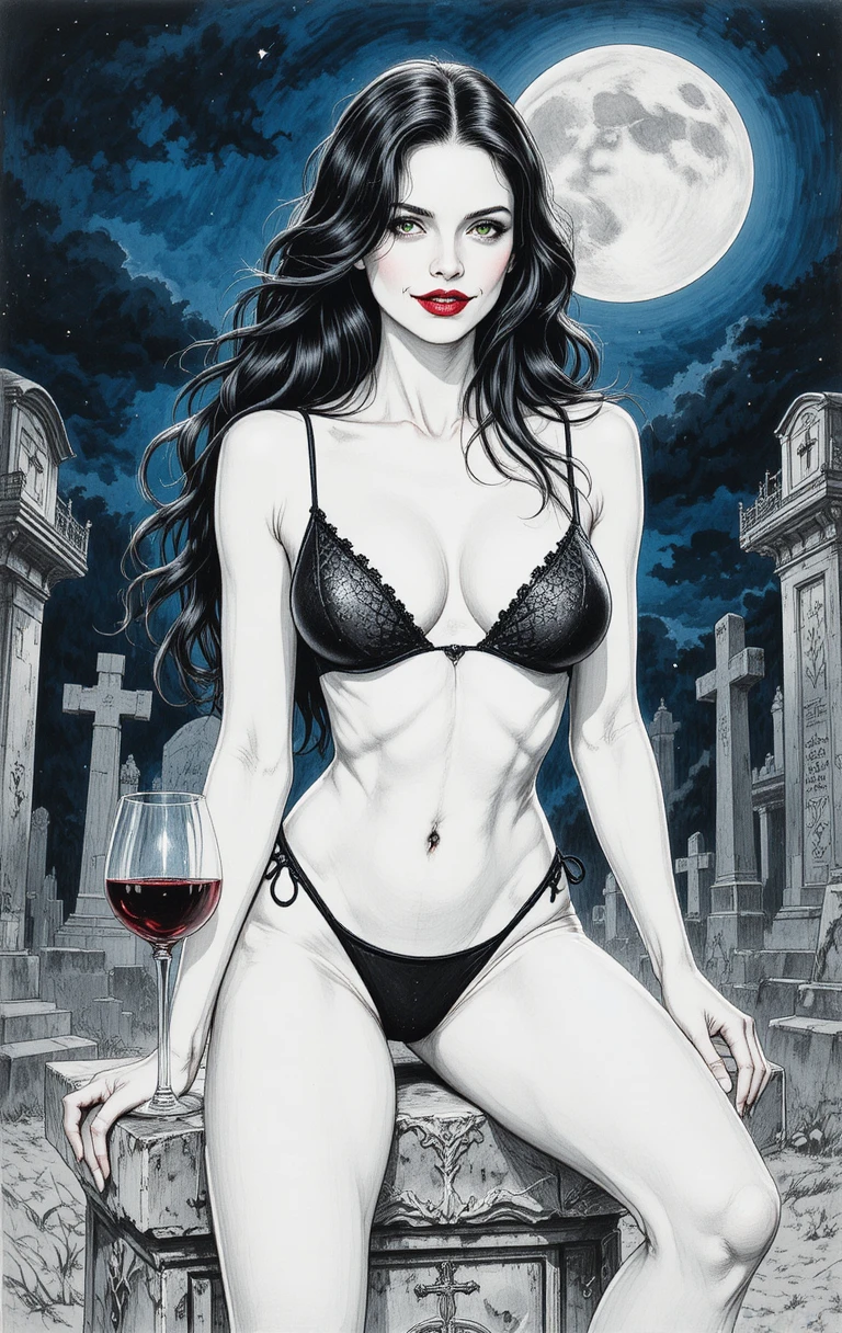 Vampire séductrice sur une pierre tombale dans un cimetière sombre