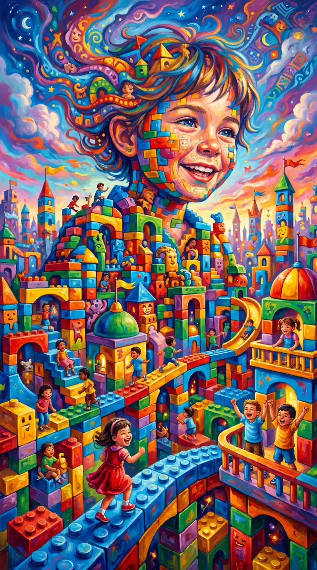 Bambini che giocano in una città fantastica di blocchi colorati
