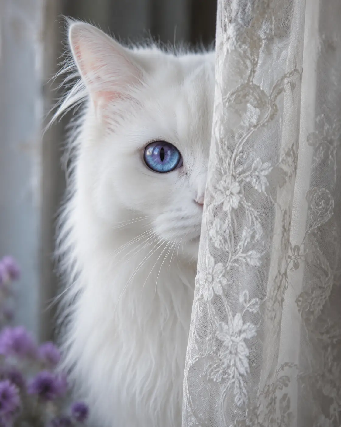Gatto bianco a pelo lungo che sbircia da dietro una tenda trasparente