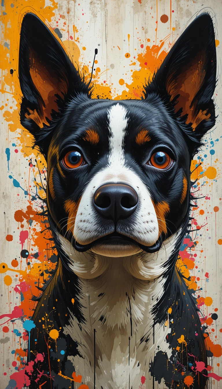 Retrato abstrato colorido em close de um cachorro olhando fixamente
