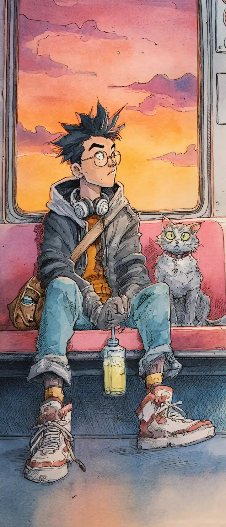 Cheerful cartoon cat in a sunny old train scene
