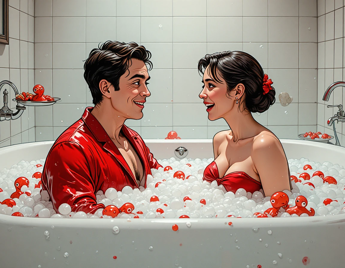 Man in red bathrobe chatting in bubbly bathtub scene