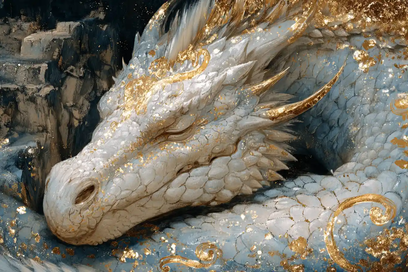 Aquarell-Nahaufnahme eines goldenen Drachen im Burghof