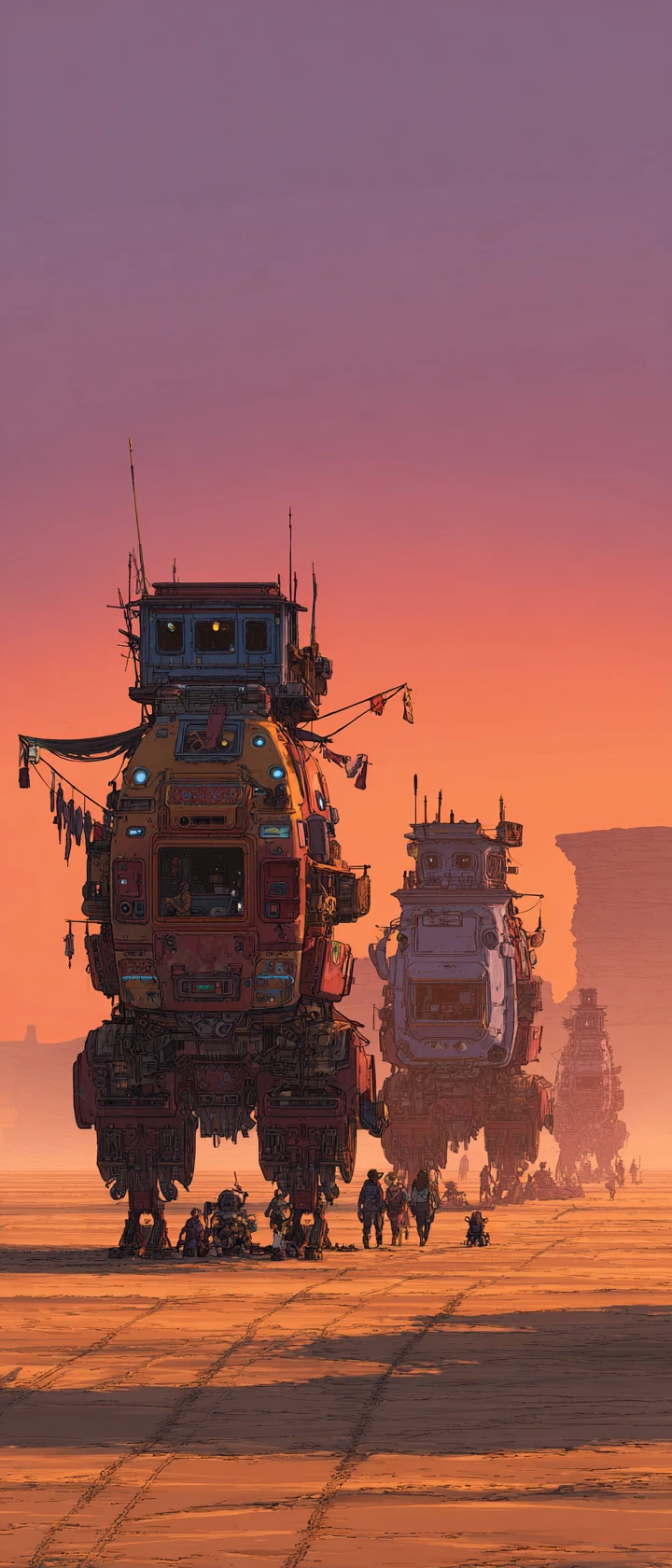 Nomadic mech caravan crossing a vast rust desert