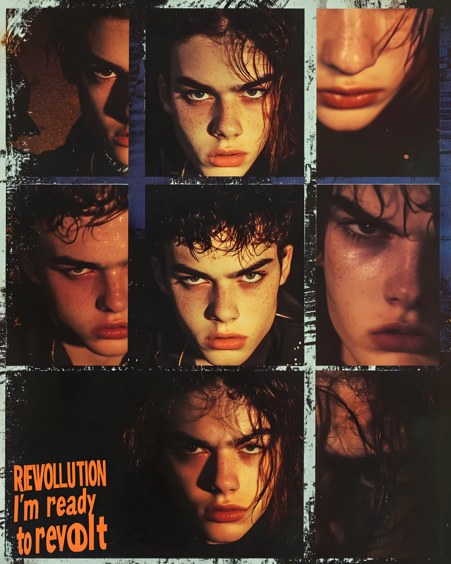 Colagem cinematográfica de uma garota rebelde em retrato com flash