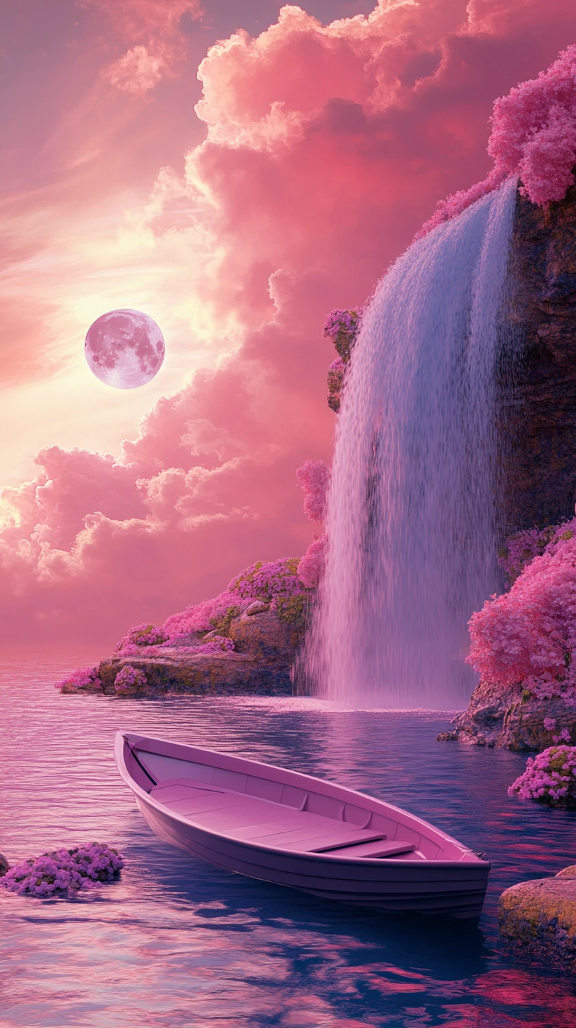 Paisagem marítima rosa onírica com barco e cachoeira ao fundo