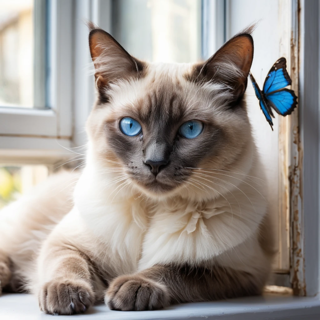 Siamkatze am sonnigen Fenster in zarter Aquarellmalerei