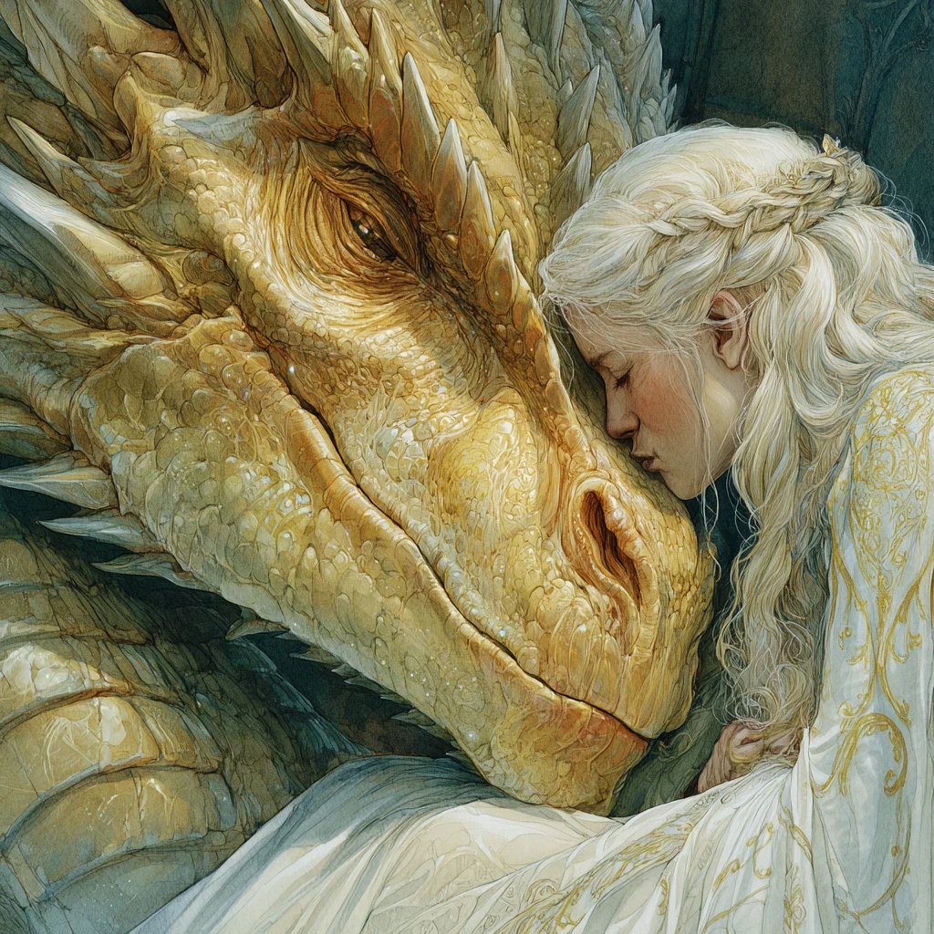 Aquarell‑Nahaufnahme eines Drachen, der sich um eine küssende Frau windet