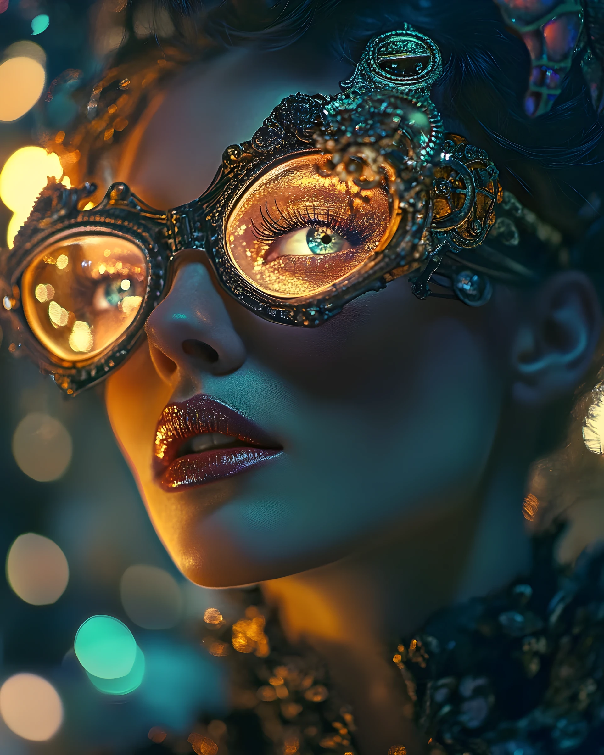 Retrato colorido y dramático de una mujer steampunk en estudio