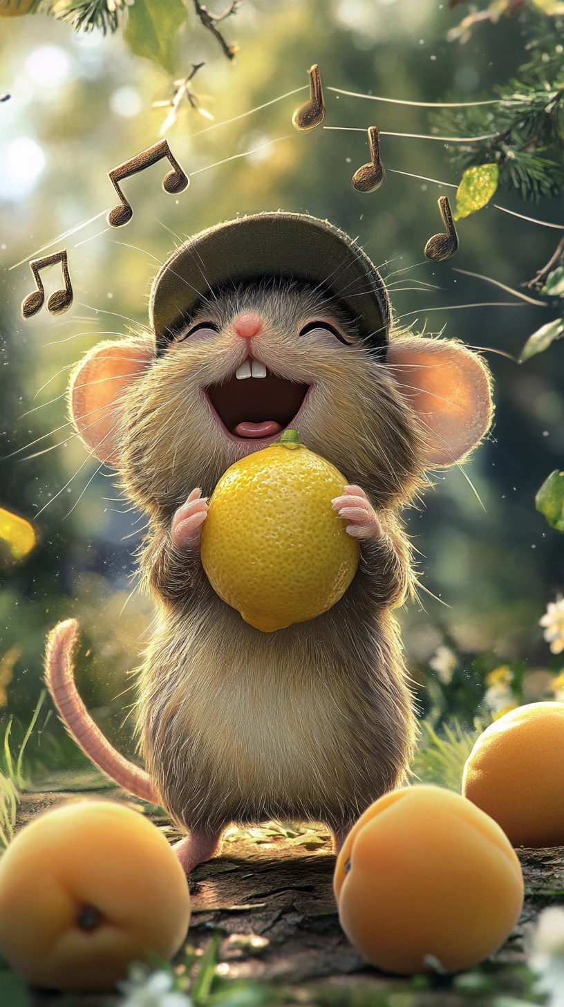 Ratinho alegre cantando com frutas em uma floresta de primavera