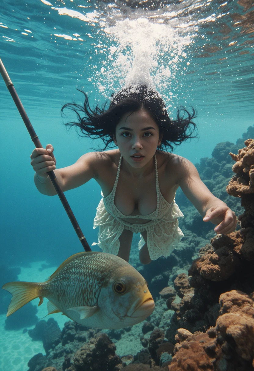 Femme tahitienne en apnée sous l’eau avec une lance près d’un récif corallien