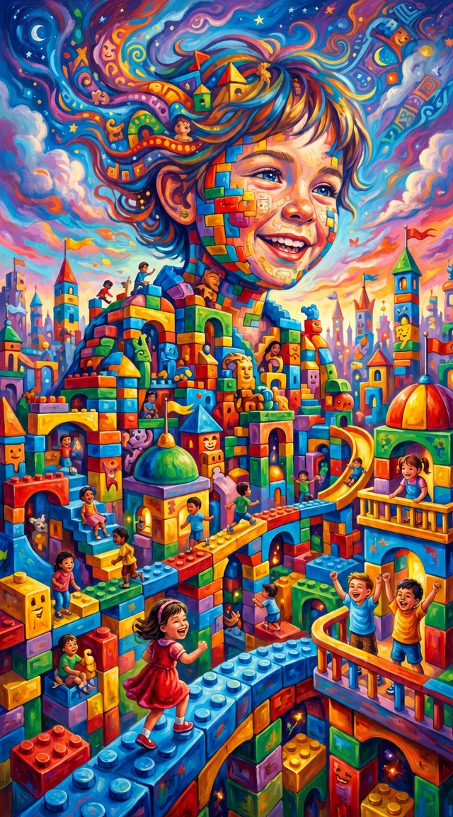 Niños jugando en una ciudad fantástica de bloques de colores