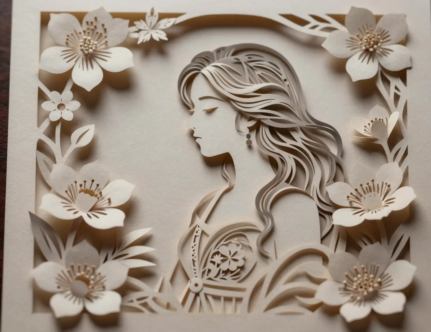 Geschichteter Papercut-Schattenkasten mit Frau und Blumen
