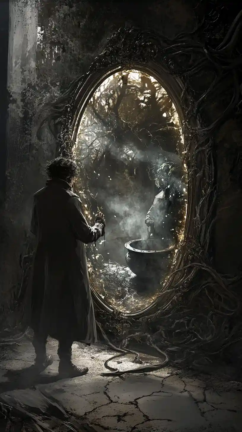 Figure Before A Warped Mirror And Lively Cauldron Reflection