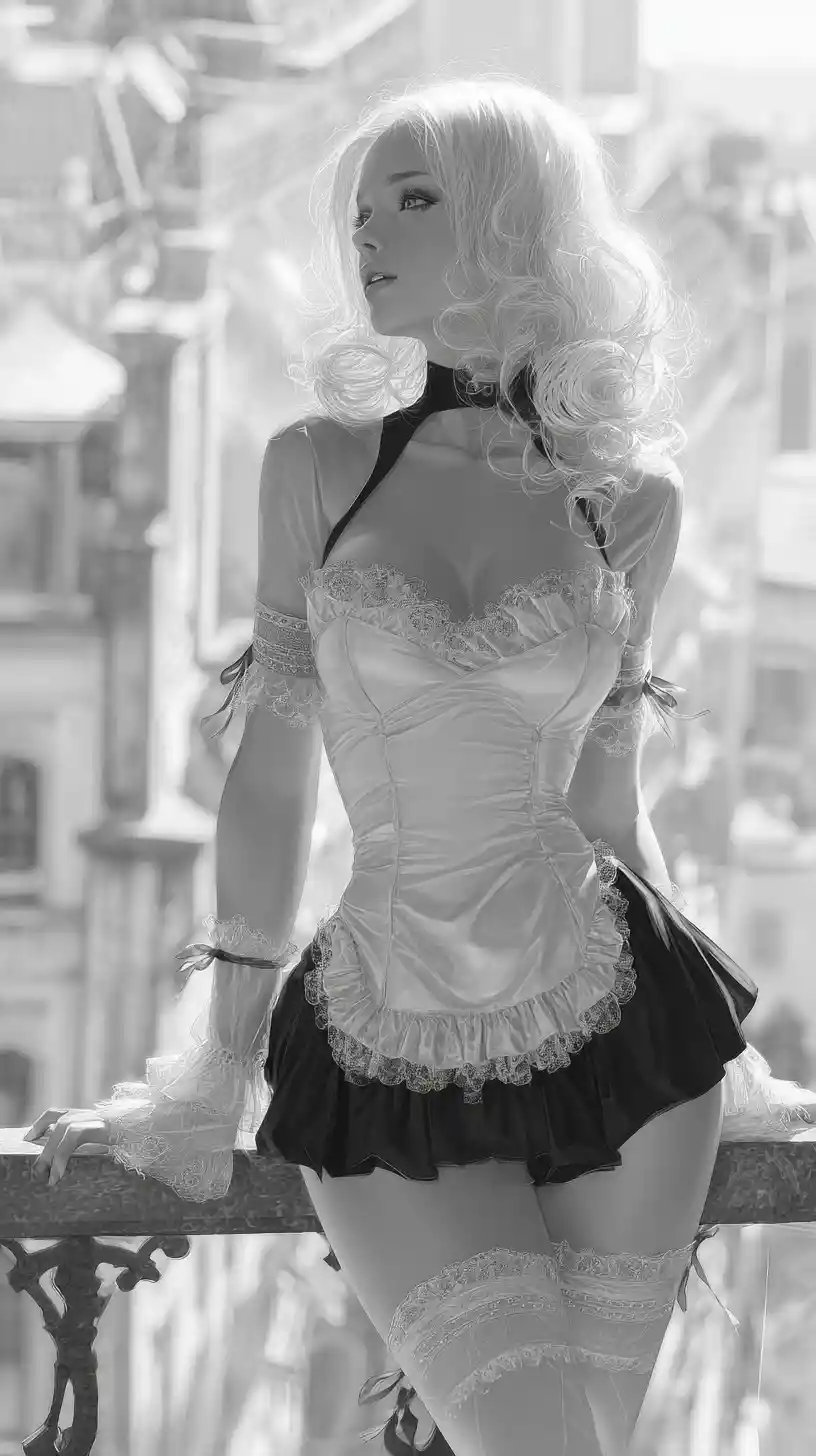 Black and white portrait of a young woman on balcony