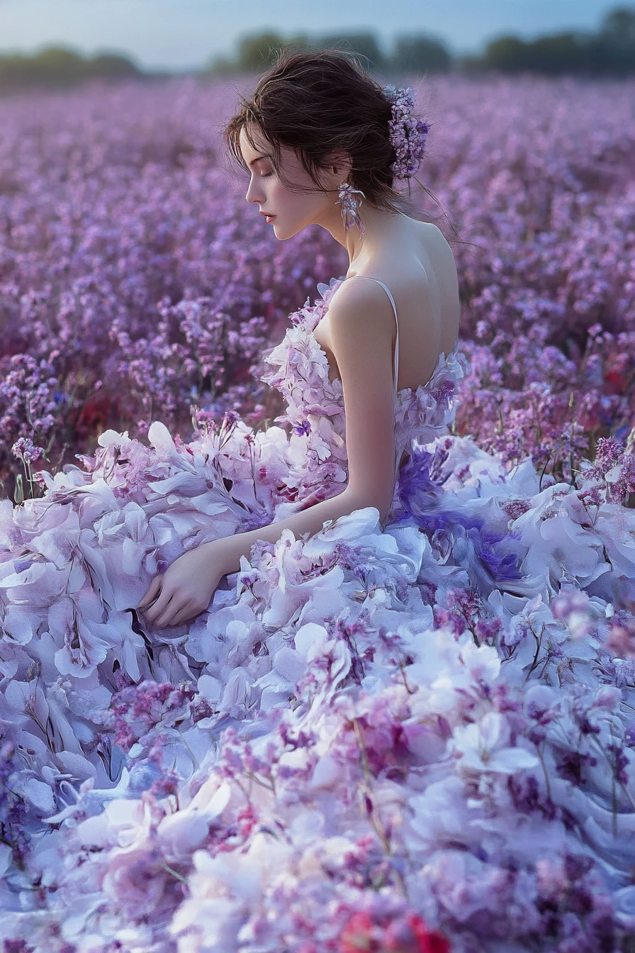 Mulher de alta-costura floral surreal em um jardim lilás dos sonhos