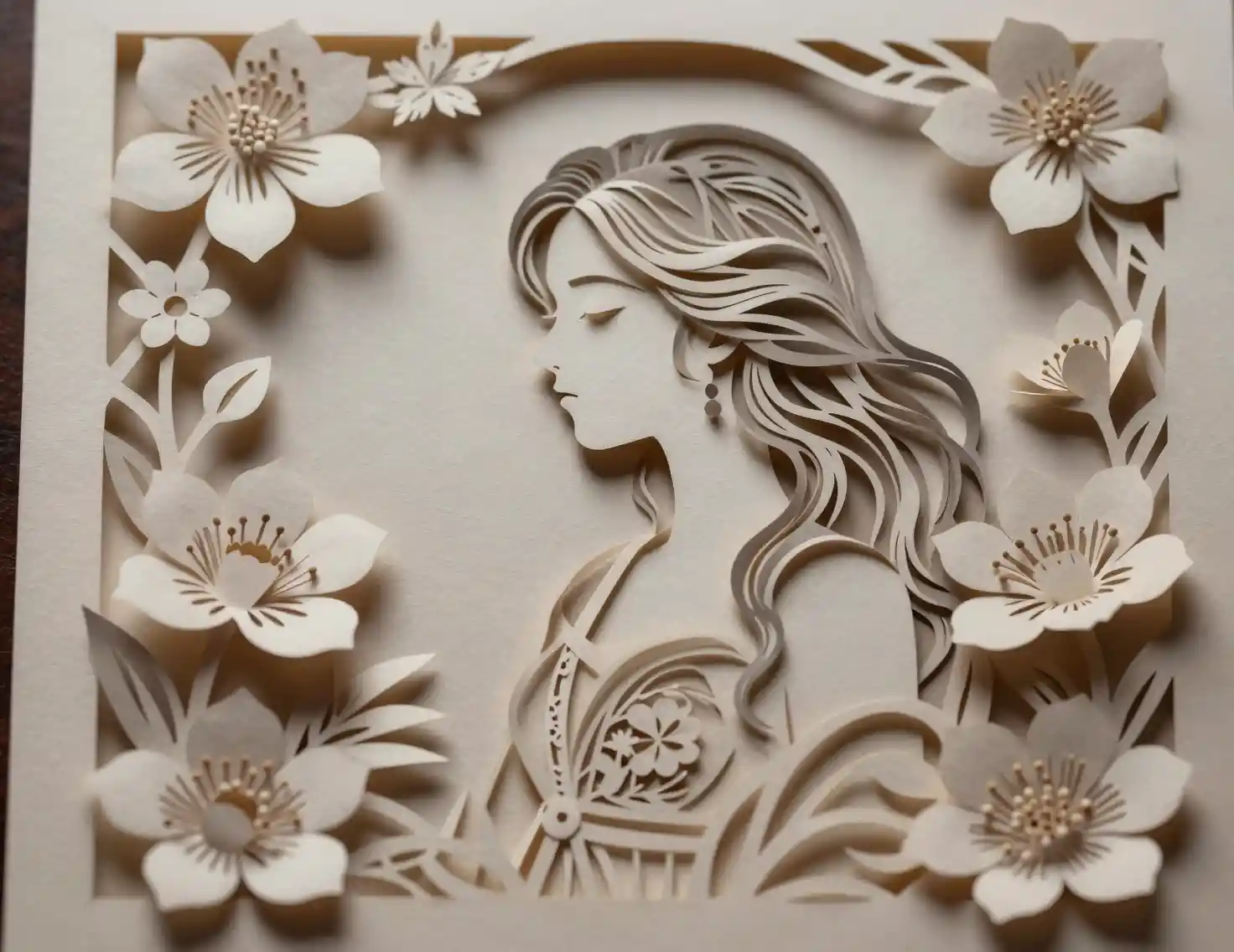 Layered papercut shadow box of a woman with flowers