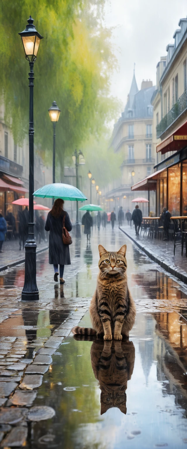 Gato hippie ouvindo música na calçada da cidade