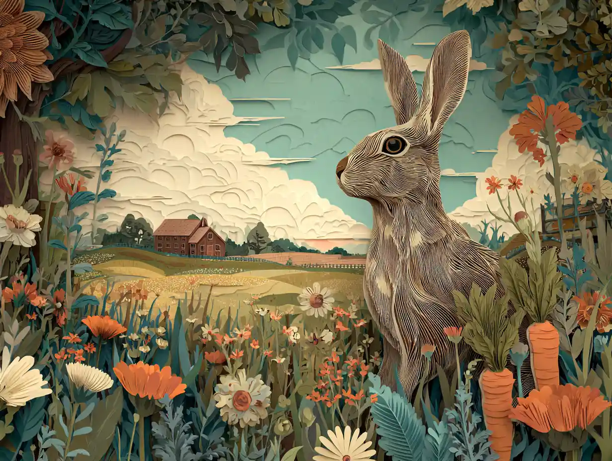 Cute paper cut rabbit with carrot on colorful farm