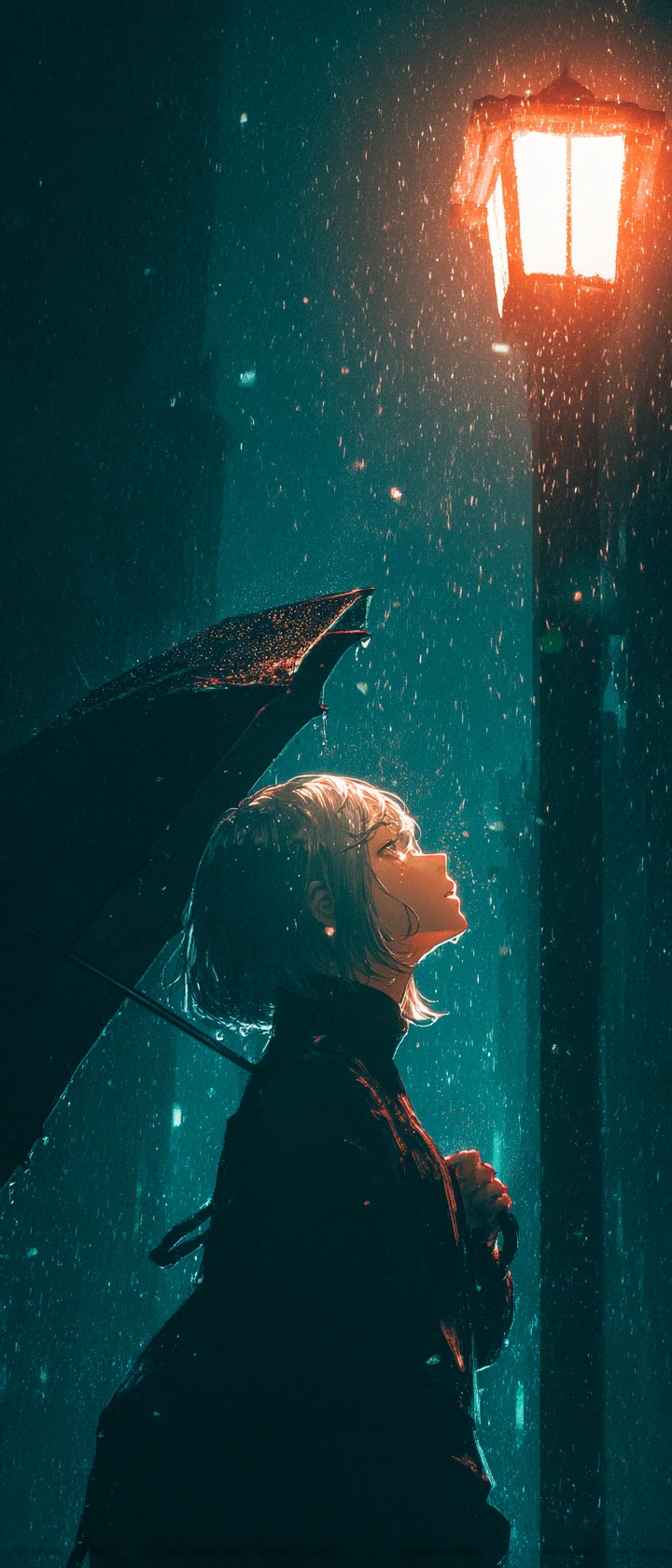 Mulher de anime sob poste de luz na chuva com eu se apagando